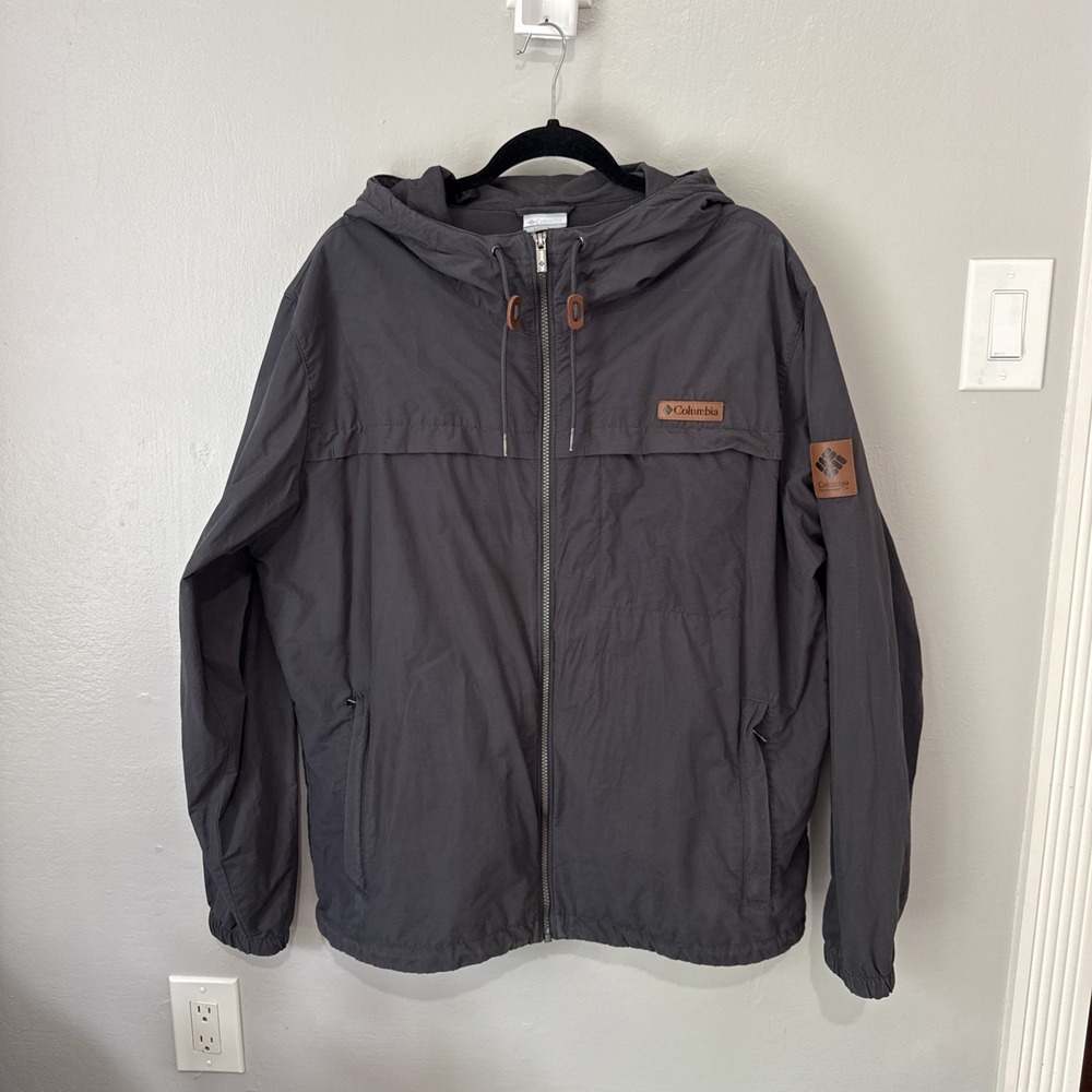 Columbia Mens Gray Hooded Windbreaker Jacket XM1690 Size XL Outdoor Casual